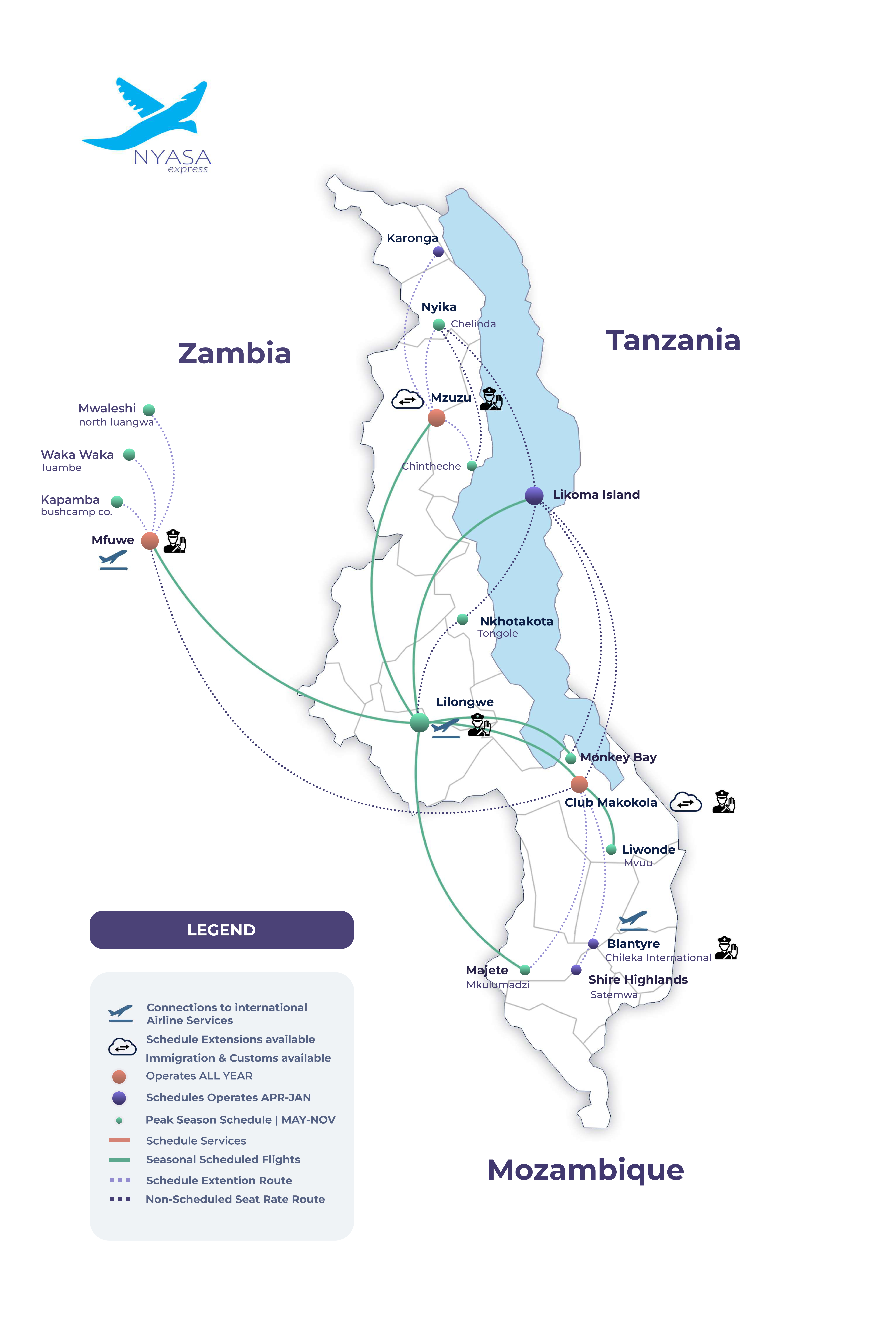 Fly Nyasa route map showing destinations across Malawi and Zambia