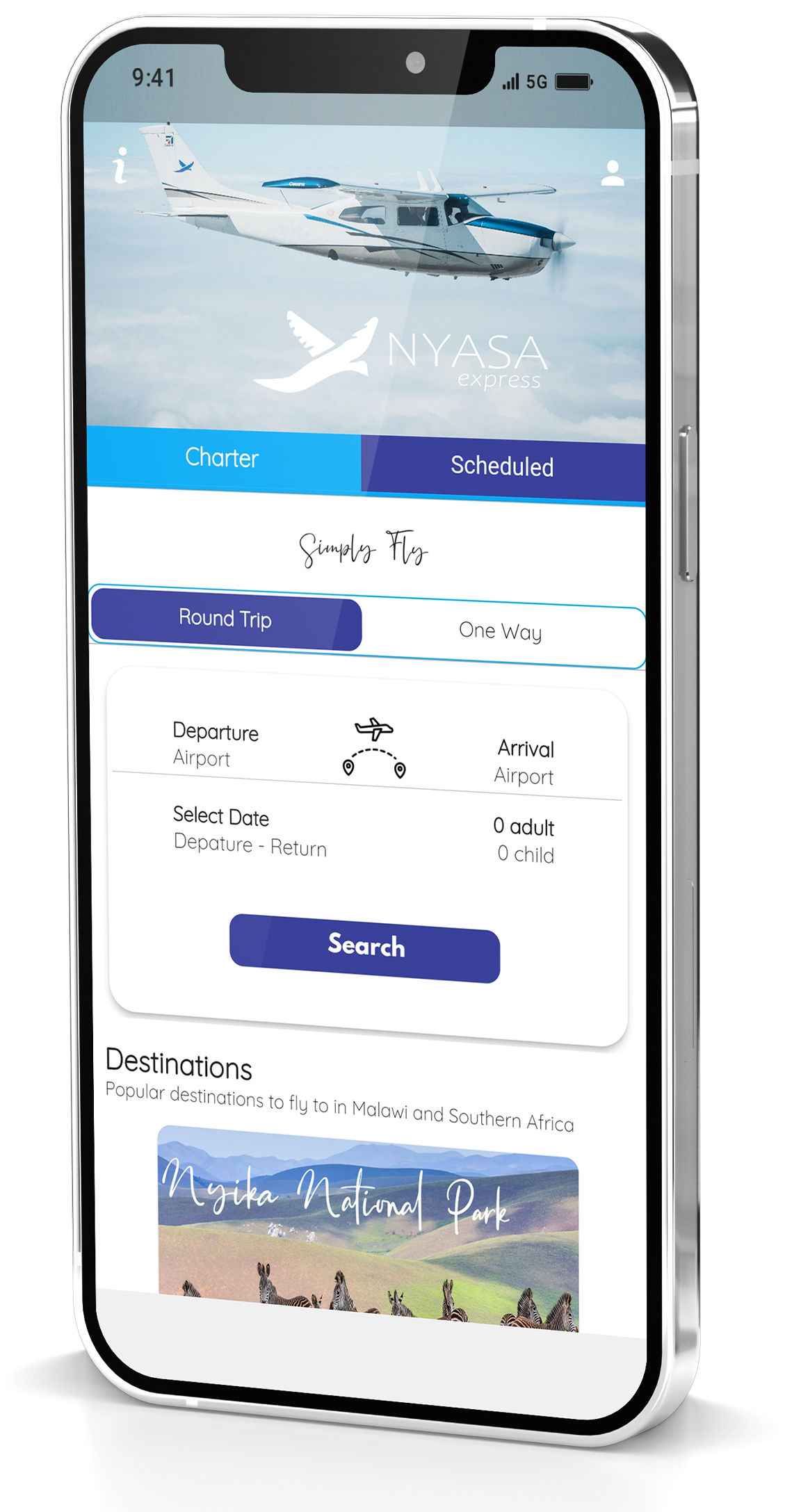 Flynyasa App home screen displayed on an iPhone
